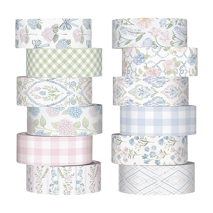YooNotee 12 Rolls Watercolor Floral Washi Tape Set 15 mm Vintage Flower Decorative Masking Tape for Arts DIY Craft Scrapbook Envelope Party Supplies Gift Wrapping(Pink and Blue,Flowers)