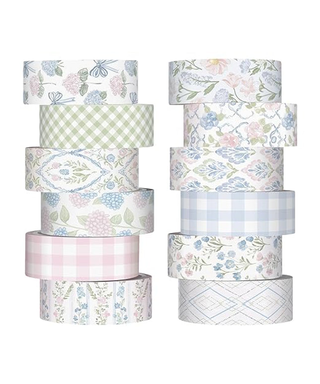 YooNotee 12 Rolls Watercolor Floral Washi Tape Set 15 mm Vintage Flower Decorative Masking Tape for Arts DIY Craft Scrapbook Envelope Party Supplies Gift Wrapping(Pink and Blue,Flowers)