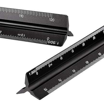 6 Pcs Triangular Ruler Set 12 Inch Engineering Scale Aluminum Architect Drafting Ruler Metal Protractor Arquitectura Accessories for Students Draftsman Engineers Metric(Black)