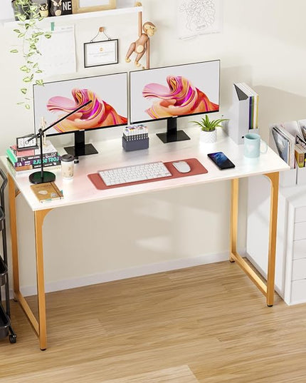 PayLessHere | 47 Inch Computer Desk | White Gold | Office Desk with Metal Frame, Adjustable Feet | Water-Resistant, Scratchproof Surface | Sturdy Writing Table for Home Office or Study | Pack of 1