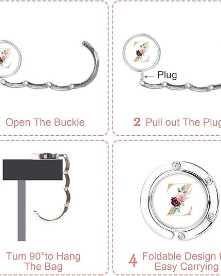 Iqimott 3pcs Personalized Initial Foldable Purse Hook for Table, Flower Letter Folding Handbag Hanger Portable Magnet Table Hook Holder, Collection Desk Purse Hooks for Women Bag (Pink-Z)