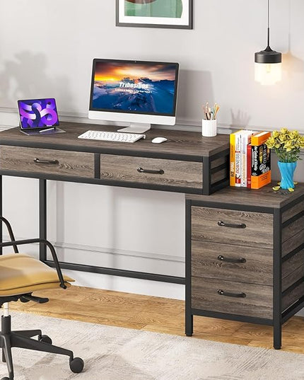 Tribesigns Computer Desk with 5 Drawers, Home Office Desks with Reversible Drawer Cabinet Printer Stand, Industrial PC Desk with Storage, Grey Study Writing Table Workstation for Small Spaces