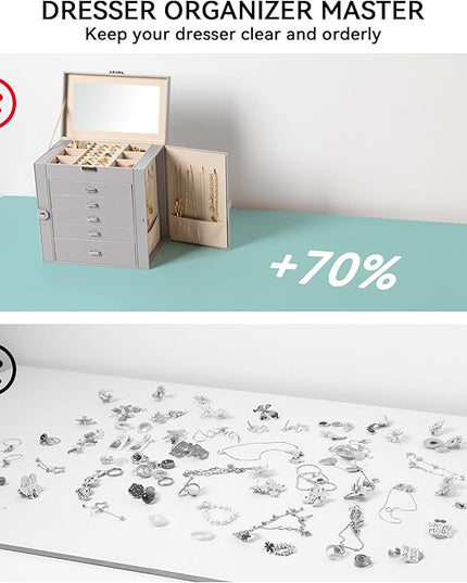 Frebeauty Large Jewelry Box,6-Tier PU Leather Jewelry Organizer,Multi-functional Storage Case with Mirror,Accessories Holder with 5 Drawers for Necklace Bracelets Watches(Grey)