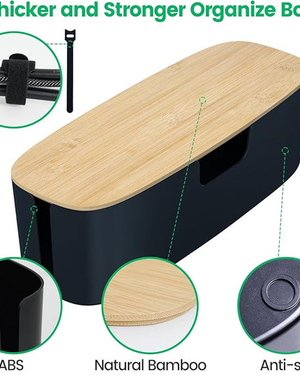 Large Cable Management Box - Cord Organize Box with Bamboo lid for Safe Home & Office, Cord Hider for Power Strip Under Desk, Cover TV Wires, Child & Pet Proof Cord Box, Black