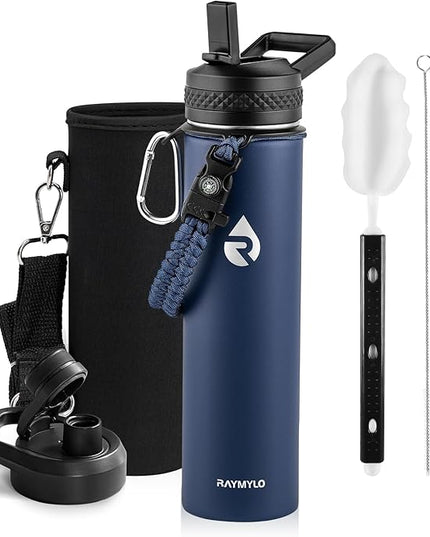 Insulated Water Bottle 24oz, Triple Wall Vacuum Stainless Steel (Cold for 48 Hrs, Hot for 24Hrs), Leak Proof & Non-BPA, 24oz Hydro Water Flask with Paracord Handle & Straw Spout Lids