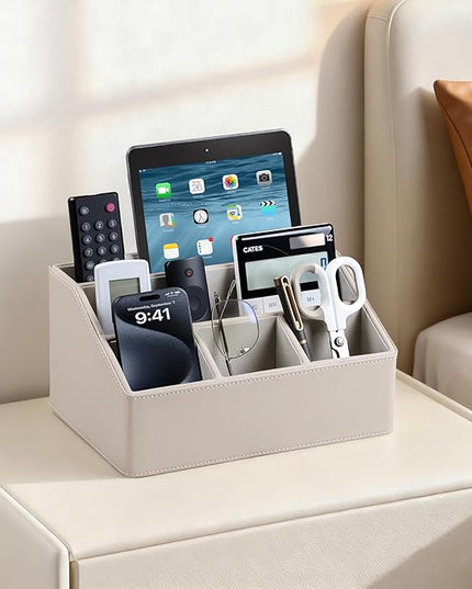 MEIBOOCH PU Leather Desk Organizer, Luxury Remote Control Holder for Home, Office Desk Accessories Table Caddy Bedside Nightstand Organizer (Dark Beige)