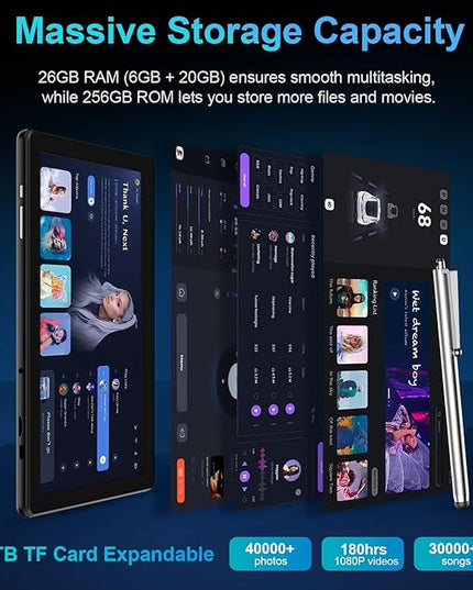 JJGJ 2026 Android 15 Tablet with Keyboard, 26GB+256GB, 2TB Expand, 10 Inch Tablet with Octa-Core, 8000mAh, 5G WiFi, BT5.0, Widevine L1, Gemini AI, 2-in-1 Tablets with Case, Mouse, Stylus(Black Case)