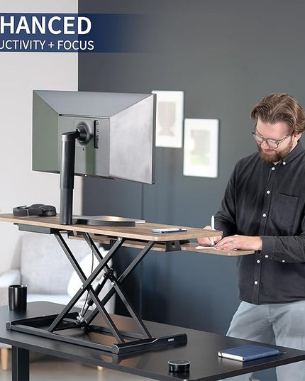 VIVO 42 inch Desk Converter, K Series, Height Adjustable Sit to Stand Riser, Dual Monitor and Laptop Workstation with Wide Keyboard Tray, Reclaimed Wood Top, Black Frame, DESK-V042KP