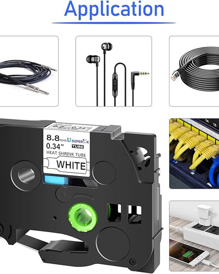 3 Pack Heat Shrink Label Tape Compatible for Brother Ptouch HSe-221 HSe221 HS-221 HS221 Black on White 8.8mm 0.34'' for Wire Cable use in PT-P710BT P700 P750W P900 Label Printer