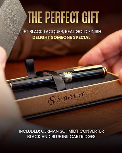 Scriveiner Luxury Fountain Pen - Stunning Black Lacquer Pen, Real Gold Finish, Schmidt Gilded Nib (Broad), Converter, Best Pen Gift Set for Men & Women, Professional, Executive, Office, Nice Pens