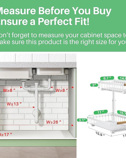 Kitstorack Under Sink Organizer, 2 Packs 2 Tier Under Sink Organizers and Storage, Slide out Pull out Cabinet Organizer Shelf, Metal Sliding Drawer for Kitchen Bathroom Pantry Closet Rack(White)