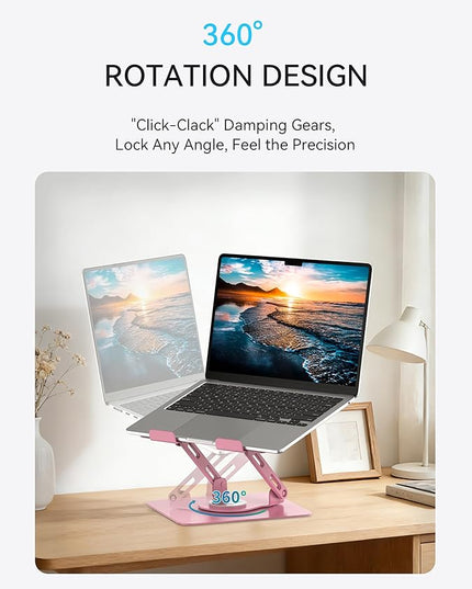 SOUNDANCE Laptop Stand with 360° Rotating Base, Ergonomic Computer Riser for Desk, Adjutable Height Muti-Angle, Foldable Laptop Mount, Stable Metal Holder Support 10-15.6" Notebook PC, Pink
