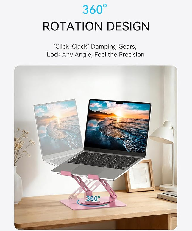 SOUNDANCE Laptop Stand with 360° Rotating Base, Ergonomic Computer Riser for Desk, Adjutable Height Muti-Angle, Foldable Laptop Mount, Stable Metal Holder Support 10-15.6" Notebook PC, Pink