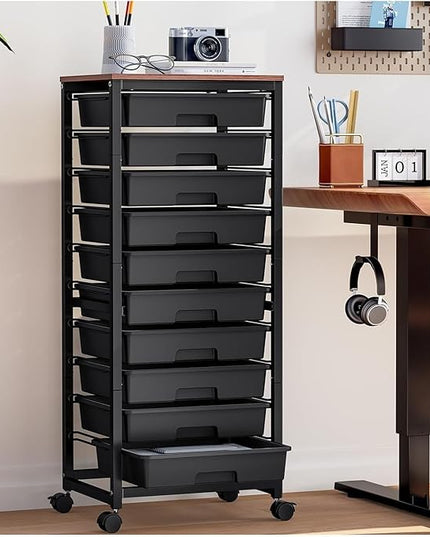 Rolling Cart with Drawers,10 Drawer Rolling Cart,Rolling storage cart with drawers,Black Rolling Drawer Cart,Teacher Rolling Cart for Classroom Storage,Craft Cart with Wooden Tabletop