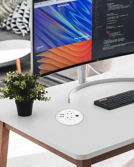 BTU Desktop Power Grommet with USB, 3 inch Hole Recessed Power Outlet, Flush Mount Power Strip Outlet with 2 AC Outlet & 2 USB Ports & 1 CAT6 & 10ft Power Cords for Table, Office, Home, Hotel, White