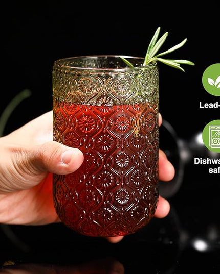 Green Drinking Glasses Set of 12, 12 Oz Highball & 10 Oz Cocktail Glasses, Green Kitchen Vintage Glassware Set, Floral Embossed Glass Tumbler Cups for Water, Beer, Juice, Whiskey, Coffee