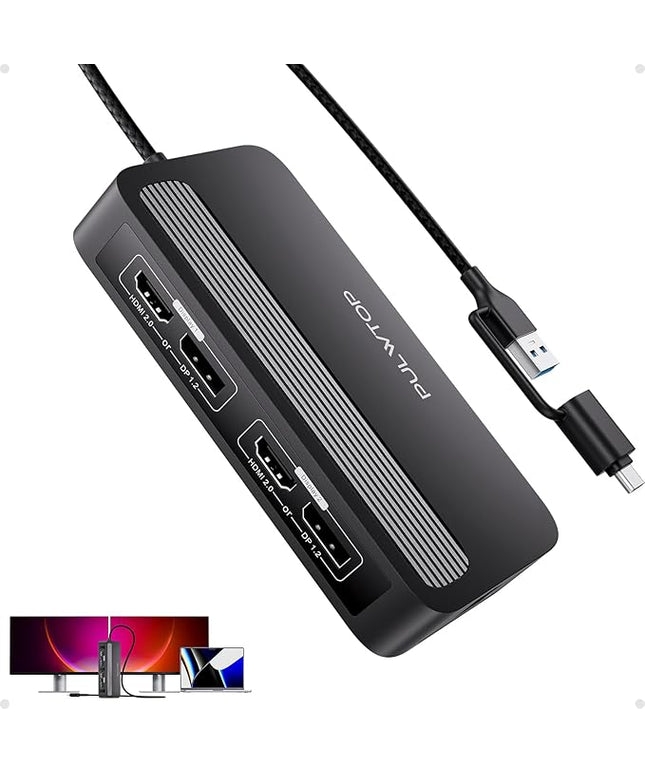 PULWTOP Dual DisplayLink Docking Station, USB C Docking Station Dual 4K@60Hz Display for MacBook M1/M2/M3/Windows, Universal Laptop DockingStation, DisplayPort or HDMI, 2 USB A 2.0, Ethernet