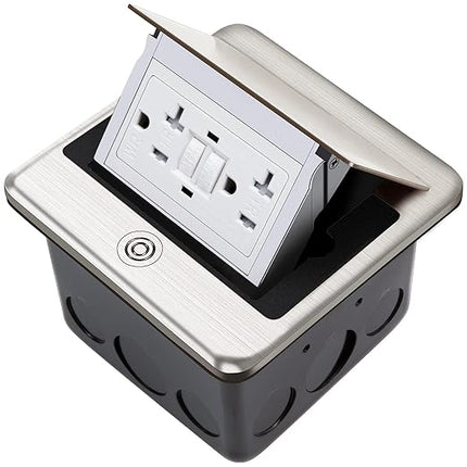 Vagueior Recessed Floor Electrical Outlet Kit,Waterproof Electrical Outlet Covcer Box,Hidden GFCI Outlet+20A Tamper-Resistant Receptacle Outlet with Slow Damping，ETL Certified，Stainless Steel Color