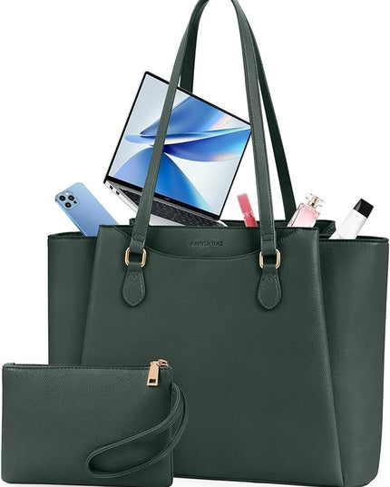 RAINSMORE Laptop Bag for Women 15.6 Inch Work Tote Bags Waterproof Computer Bags Leather Professional Laptop Purse Womens Laptop Briefcase Large Handbag for Office Teacher Travel, Green