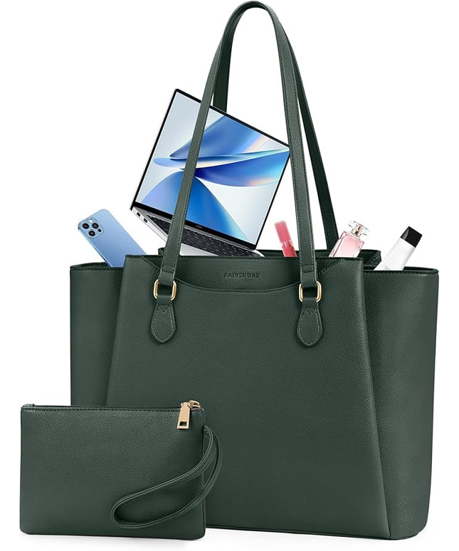RAINSMORE Laptop Bag for Women 15.6 Inch Work Tote Bags Waterproof Computer Bags Leather Professional Laptop Purse Womens Laptop Briefcase Large Handbag for Office Teacher Travel, Green