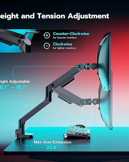 ARES WING Ultrawide Monitor Arm for 17 to 49 Inch Heavy Duty Curved Screen, Holds 44 Lbs, Adjustable Gas Spring Monitor Arm Desk Mount with C Clamp, Grommet Base, 75/100 Vesa Mount, Black