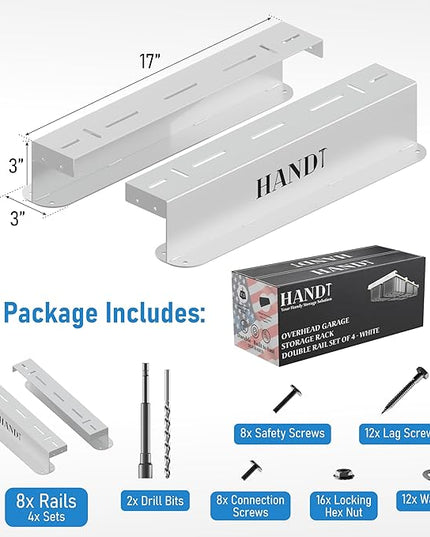 HANDT Overhead Garage Storage Rack, Connectable Heavy Duty Metal Ceiling Rails For Garage Storage Organization Shelving System, Hanging Racks For Tote Containers, Supports Up To 6 Bins, 4 Sets White