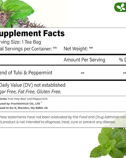 FreshDrinkUS, Premium Tulsi Peppermint Herbal Tea – 75 Tea Bags, 100% Natural, Blend of Tulsi Holy Basil Leaves, and Peppermint Leaves. Made with Natural Material Tea Bags. No Sugar, Vegan.
