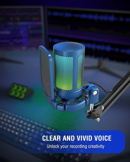 FIFINE Gaming Streaming USB PC Microphone for Mac OS/Windows, AmpliGame Condenser Cardioid Mic with RGB for Video Vocal Recording Twitch Discord, Gamer Computer Mic-Blue