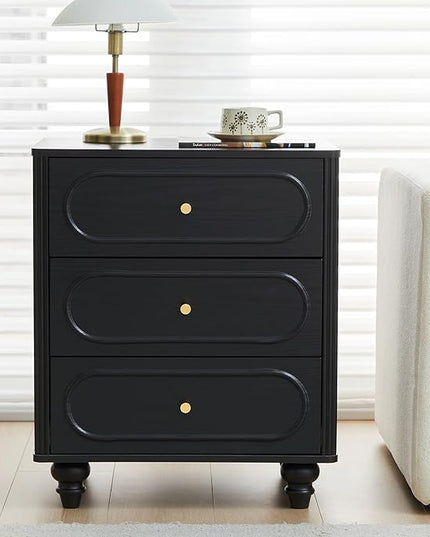 Fluted 3 Drawer Dresser for Bedroom, Modern Mid Century Chest of Drawers, Wood Storage Small Dresser Organizer for Bedroom Living Room Hallway Closet, Black