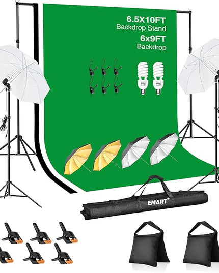 EMART 6.5x10ft Backdrop Support System, Professional Photography Lighting Kit with 45W CFL Blub, Umbrellas, 6x9ft Backdrop(White/Black/Green) for Photography Studio, Portrait, Video Shooting