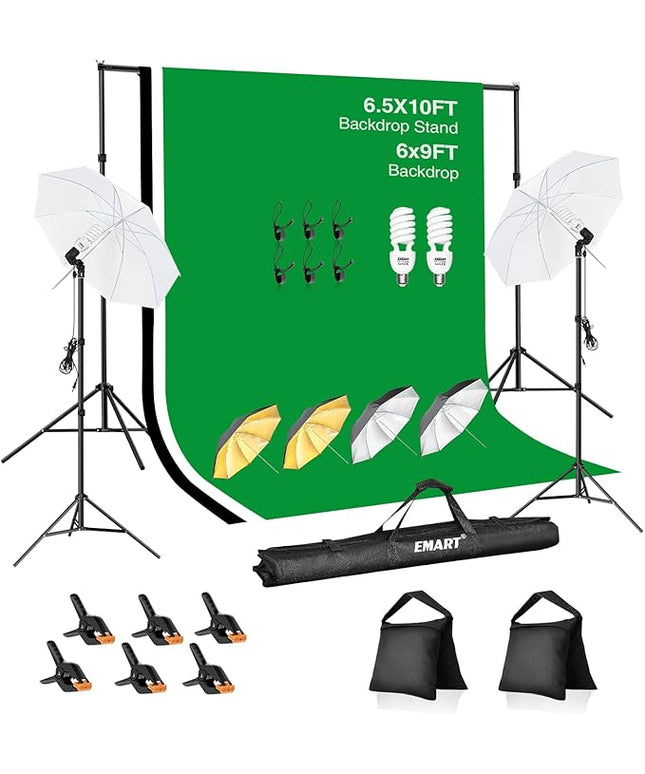EMART 6.5x10ft Backdrop Support System, Professional Photography Lighting Kit with 45W CFL Blub, Umbrellas, 6x9ft Backdrop(White/Black/Green) for Photography Studio, Portrait, Video Shooting