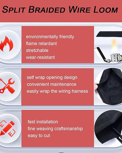 Braided Split Wire Loom Black Wire Cover Protective Harness Tubing Cable Management Self Wrap Cord Sleeve Mesh Woven 1"-24ft