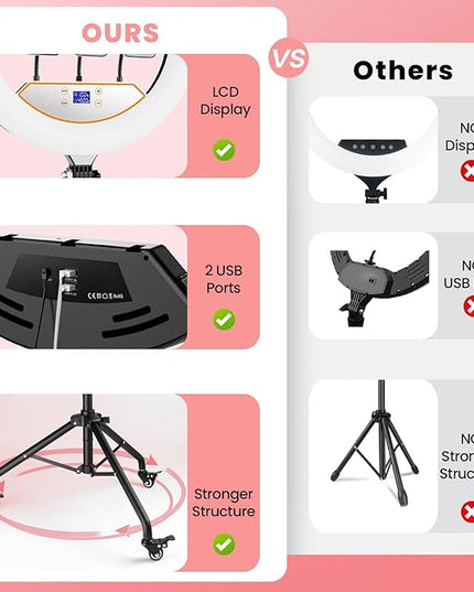 22" Foldable Ring Light with Stand for iPhone ipad, 75" Tripod with Wheels 50W 6500K LED Display/2 USB Ports Large Ringlight Rolling, Tattoo Barber Makeup Studio Video Photography Lighting(Pink)