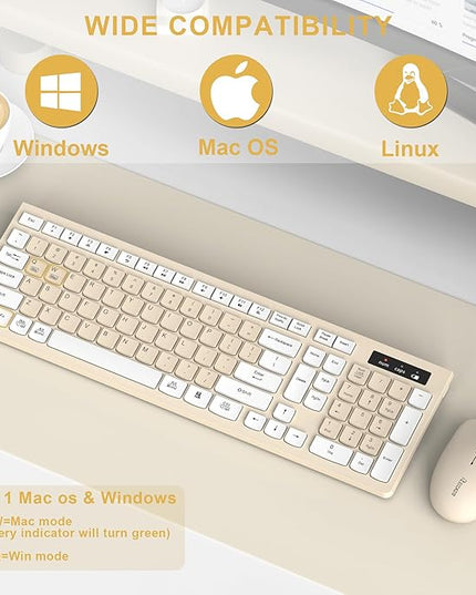 Wireless Keyboard and Mouse Combo, Full-Sized Wireless Keyboard and Adjustable DPI Mouse, 2.4GHz USB Receiver, Keyboard and Mouse for PC, Windows, Desktop, Laptop (Latte Color)