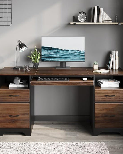 Bestier 59” Computer Desk with 4 Drawers, Office Desk with Storage, Industrial Executive Desk with File Drawer, Keyboard Tray & 2 Pedestals for Home Office & Studio, Cherry