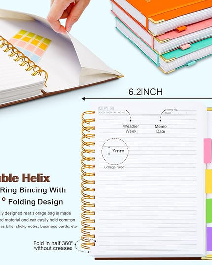 Hardcover Spiral Notebook 6.2"x 8.2" Journal Notebook with Tabs and Removable Dividers 300 Pages 5 Subject Notebook College Ruled, Faux Leather Spiral Bound Notebook for Women School Work (Brown)