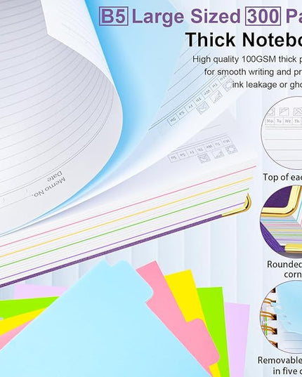 Hardcover Spiral Notebook 8"x10" Journal Notebook with Tabs and Removable Dividers 300 Pages 5 Subject Notebook College Ruled, Faux Leather Spiral Bound Notebook for Women School Work (Purple)