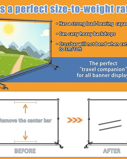 Versatile Heavy Duty Backdrop Stand with Wheels, 10 * 7ft Adjustable Photo Background Stand, Banner Backdrop Stand for Parties/Photography/Birthday/Studio