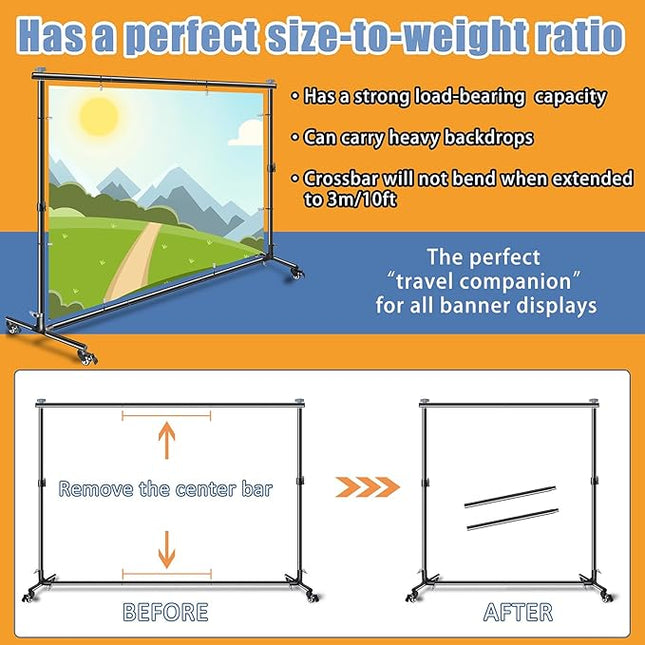 Versatile Heavy Duty Backdrop Stand with Wheels, 10 * 7ft Adjustable Photo Background Stand, Banner Backdrop Stand for Parties/Photography/Birthday/Studio