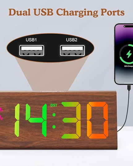 Wooden Digital Alarm Clock with Dual USB Charging Ports, DST, Dimmable, Snooze, RGB Colors, Modern Large Time Display LED Clock for Kids Bedrooms, Living Room, Desk, Table, Bedside, Nightstand (Brown)