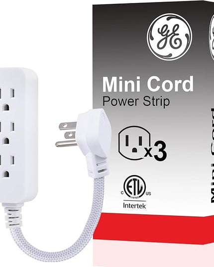 GE 3-Outlet Power Strip Surge Protector 5 Inch Braided Extension Cord with Multiple Outlets Grounded Flat Plug ETL Listed White 45190
