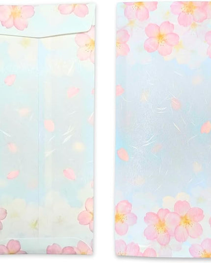 Japanese Cherry Blossom Envelopes 8 Pack, Made in Japan, (Blue Sky), Elegant Washi Paper, Self Sealing, Sakura
