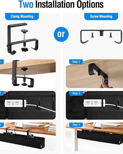 Under Desk Cable Management Tray - Heavy Duty No-Drill Clamp & Screw Mount, 28-Inch Cord Organizer for Home Office, Gaming Setup & Study Room, Holds Power Strip & Large Adapters (Black, 28"L x 5.5"W)