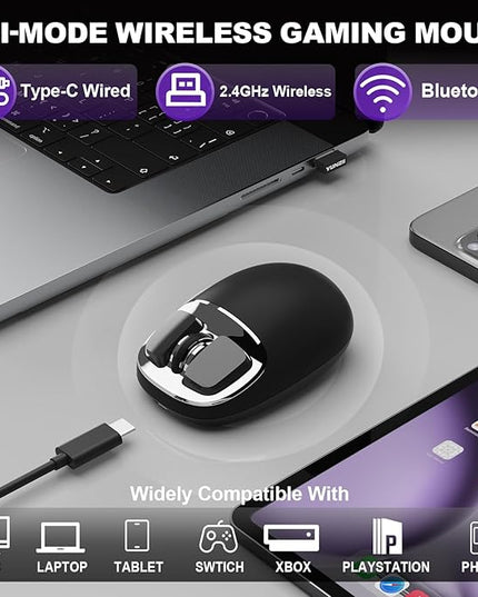 YUNZll C1 Silicone Wireless Mouse, Tri-Mode 2.4G/USB-C/Bluetooth Mouse, 4800 DPl Optical Tracking, 6 Adjustment Levels,Customize Mice for Laptop, Computer, iPad, MacBook (Black Silver)