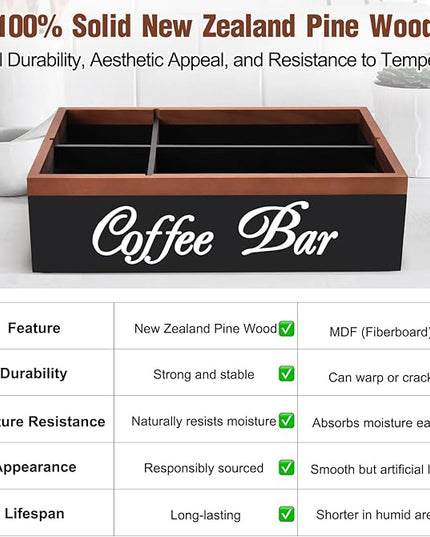 Wooden Coffee Organizer Holder with Divided Sections & Cutout Handle, Farmhouse Coffee Bar Organizer for Pods, Cups, Lids, Syrups, Stirrers & Accessories – Ideal Gift for Home or Office