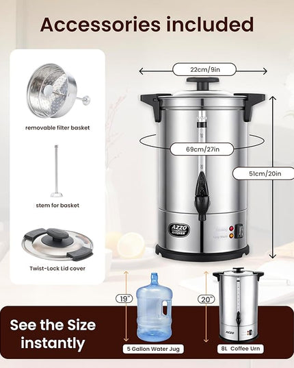 Commercial Coffee Maker 50-Cup Large Coffee Urn with Percolator Coffee Pot Electric 8L Stainless Steel Fast Brew Hot Water Dispenser for Tea Catering Events Home Office Easy Cleaning
