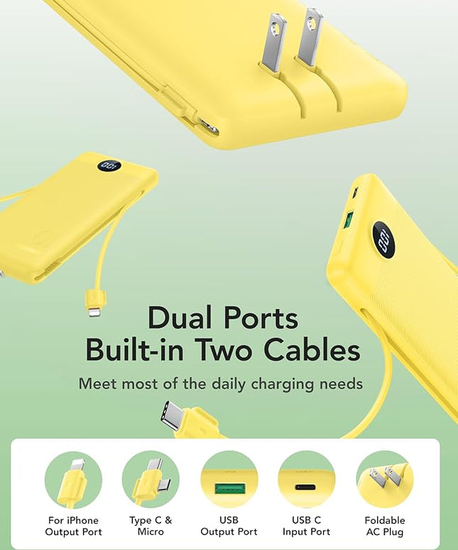 VRURC Portable Charger with Wall Plug, 10000mAh Slim Portable Charger Built in Cables,PD 20W Fast Charging Power Bank with Cords,USB C Portable Phone Charger Travel Accessories -Yellow(1 Pack)