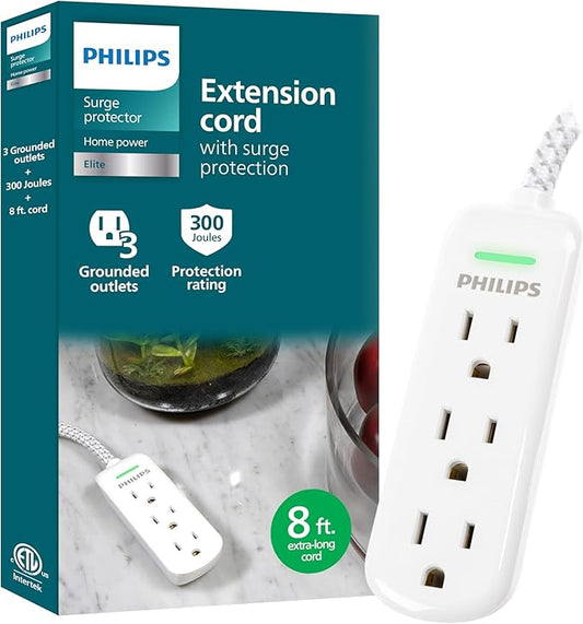 Philips 8 Ft Indoor Extension Cord with Surge Protection, 3-Outlet, Flat Plug, 300 Joules, UL Listed, White, SPP3433BB/37