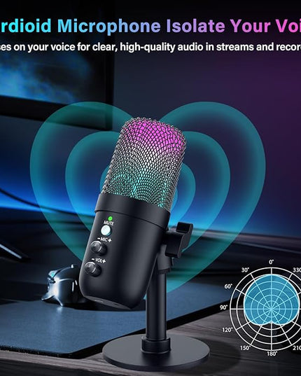 USB Microphone, Computer Condenser Mic with Noise Cancellation, Echo Mode, RGB Lighting, Mute Button, Plug & Play Gaming Mic for PC, Mac, PS5, Streaming, Recording, Podcasting & Online Meetings