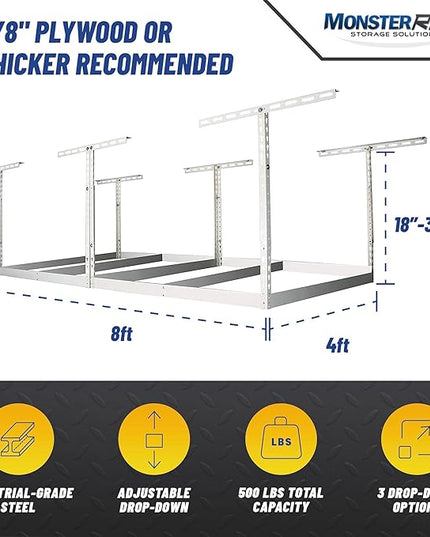 MonsterRax 4x8 Overhead Garage Storage Rack Frame Kit - Hanging Storage Shelves, Ceiling Storage Rack System, Overhead Garage Organizers And Storage, Ceiling Shelving - (White, 18"-33")